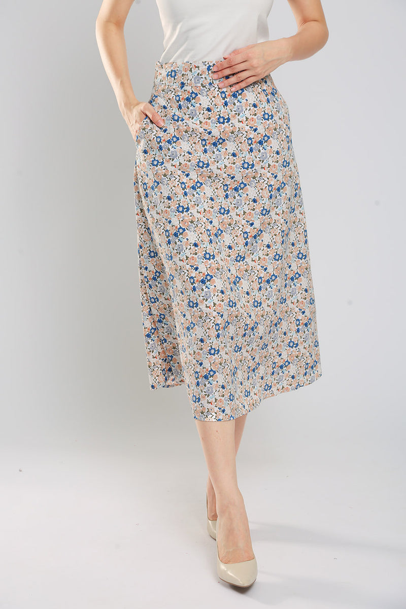FLORAL PRINT FABRIC SKIRT BLUE ORANGE   US4