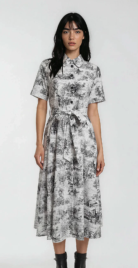 Erinn Scenic Shirt Midi Dress in Monochrome Noir, JULY Signature New Arrival collection for women.