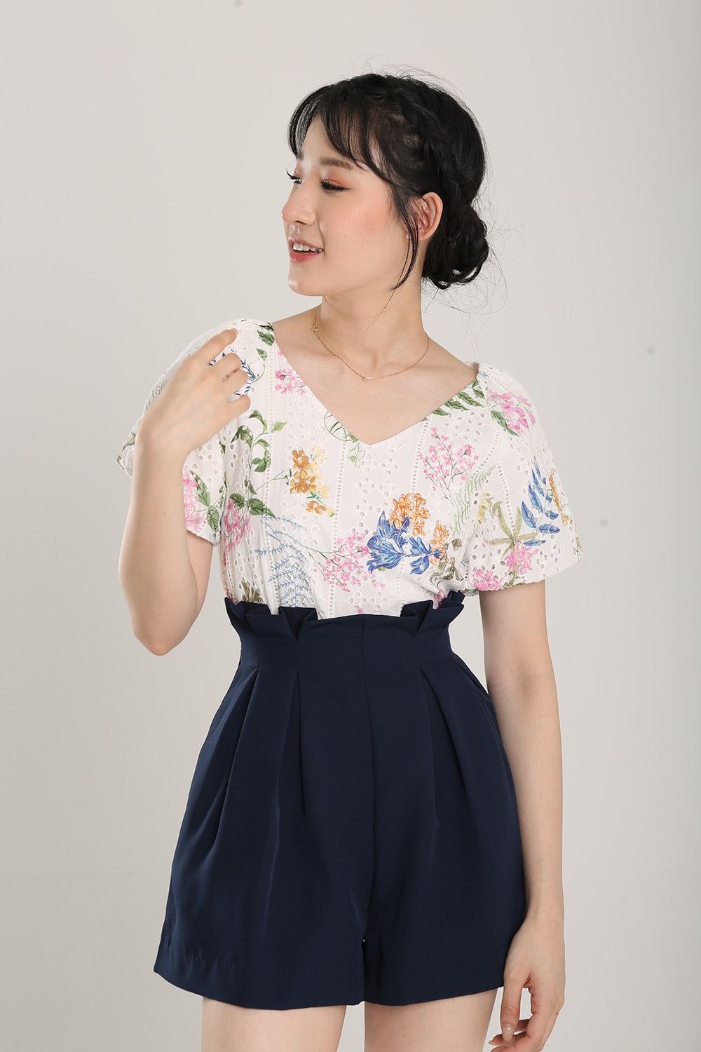 Rayla Eyelet Floral Print Blouse in White