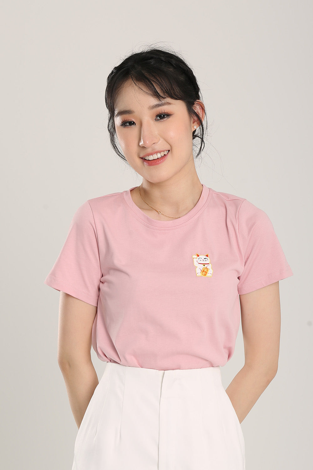 Fortune Cat Embroidered Top in Pink