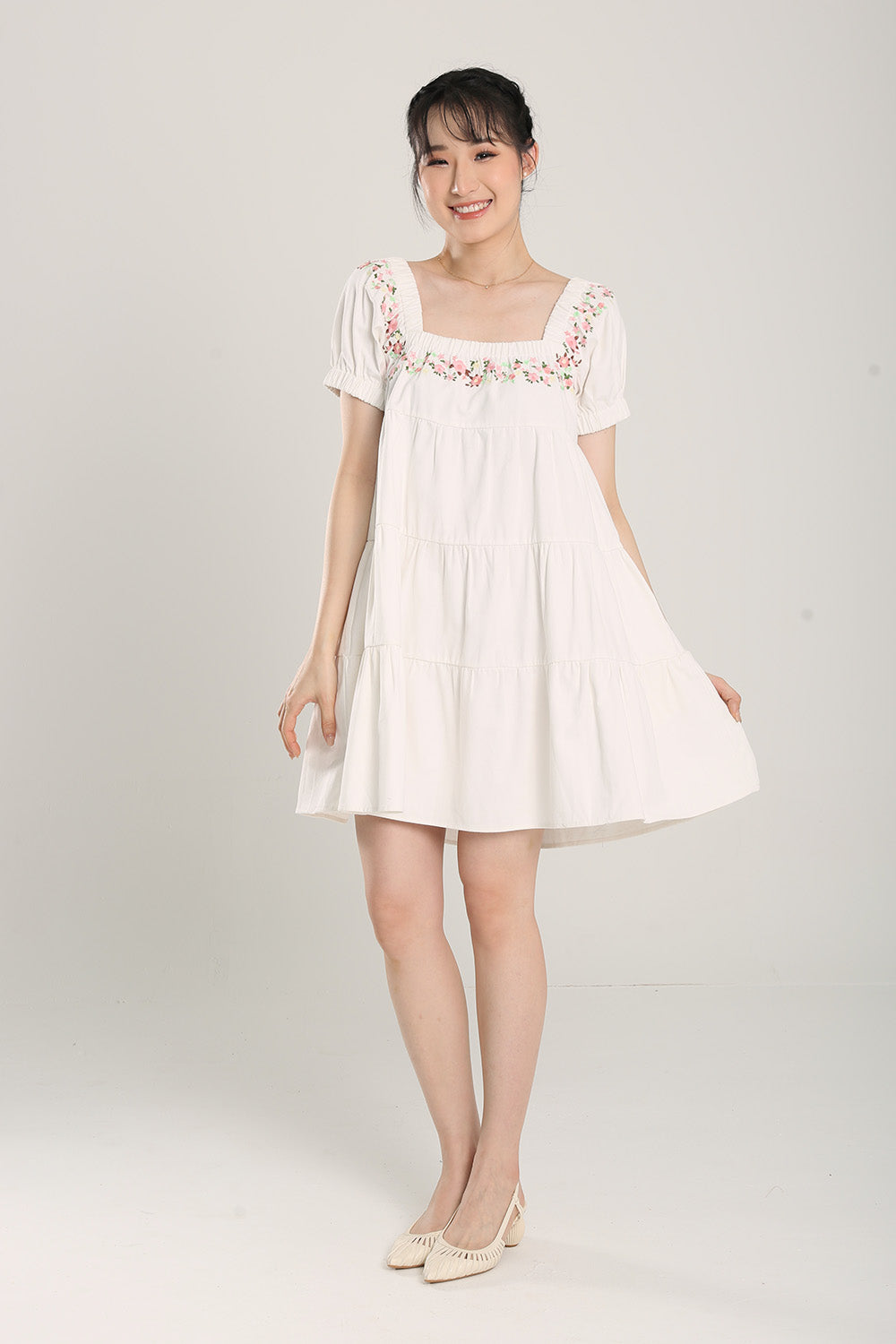 Aleeza Embroidered White Denim Dress