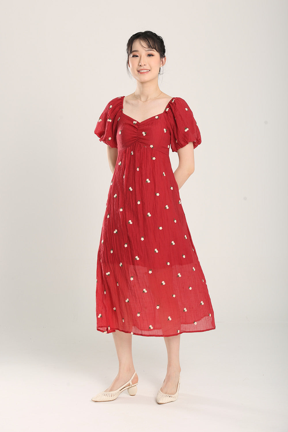 Sasha Floral Embroidered Dress in Red