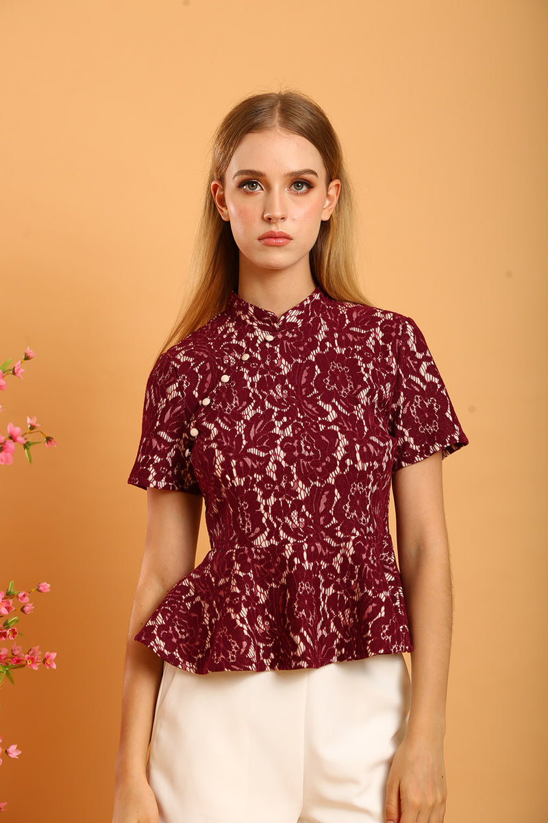 Aubrey Mandarin Collar Lace Top in Red – JULY Fashion