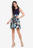 Payton Pleated Abstract Midi Dress in Navy Blue