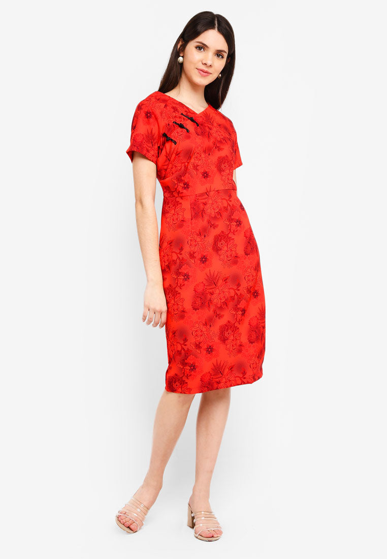Hensely Floral Print Cheongsam In Red