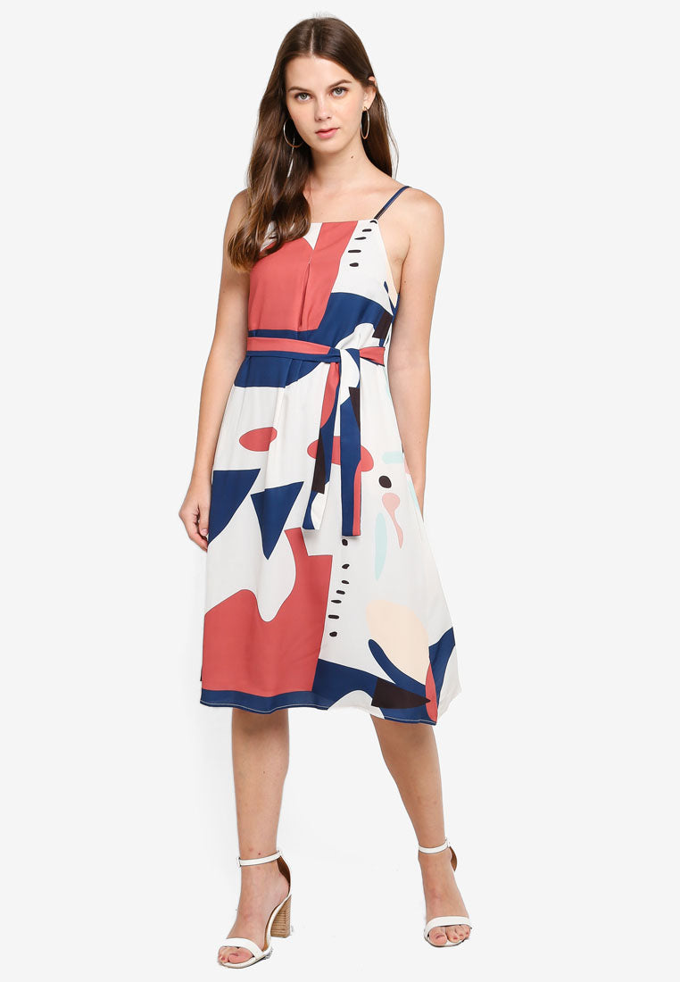 Gretchen Abstract Print Sash Dress In Beige