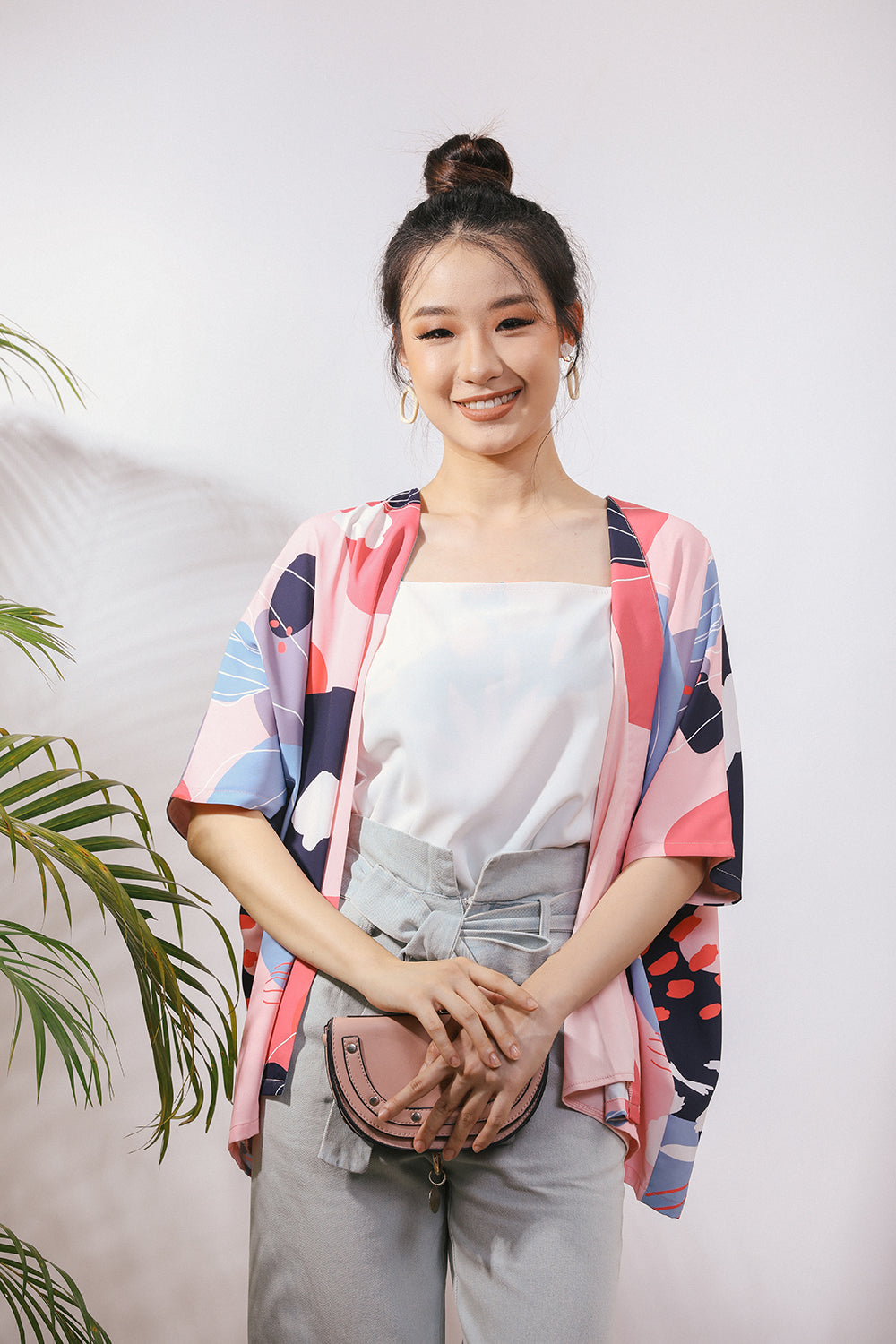 Jaela Abstract Print Kimono Jacket in Pink